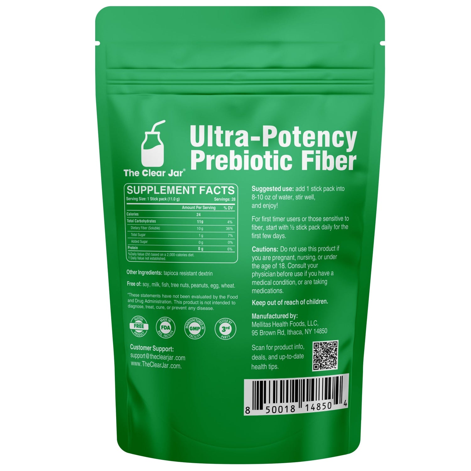 Green package of Ultra-Potency Prebiotic Fiber with supplement facts on a white background