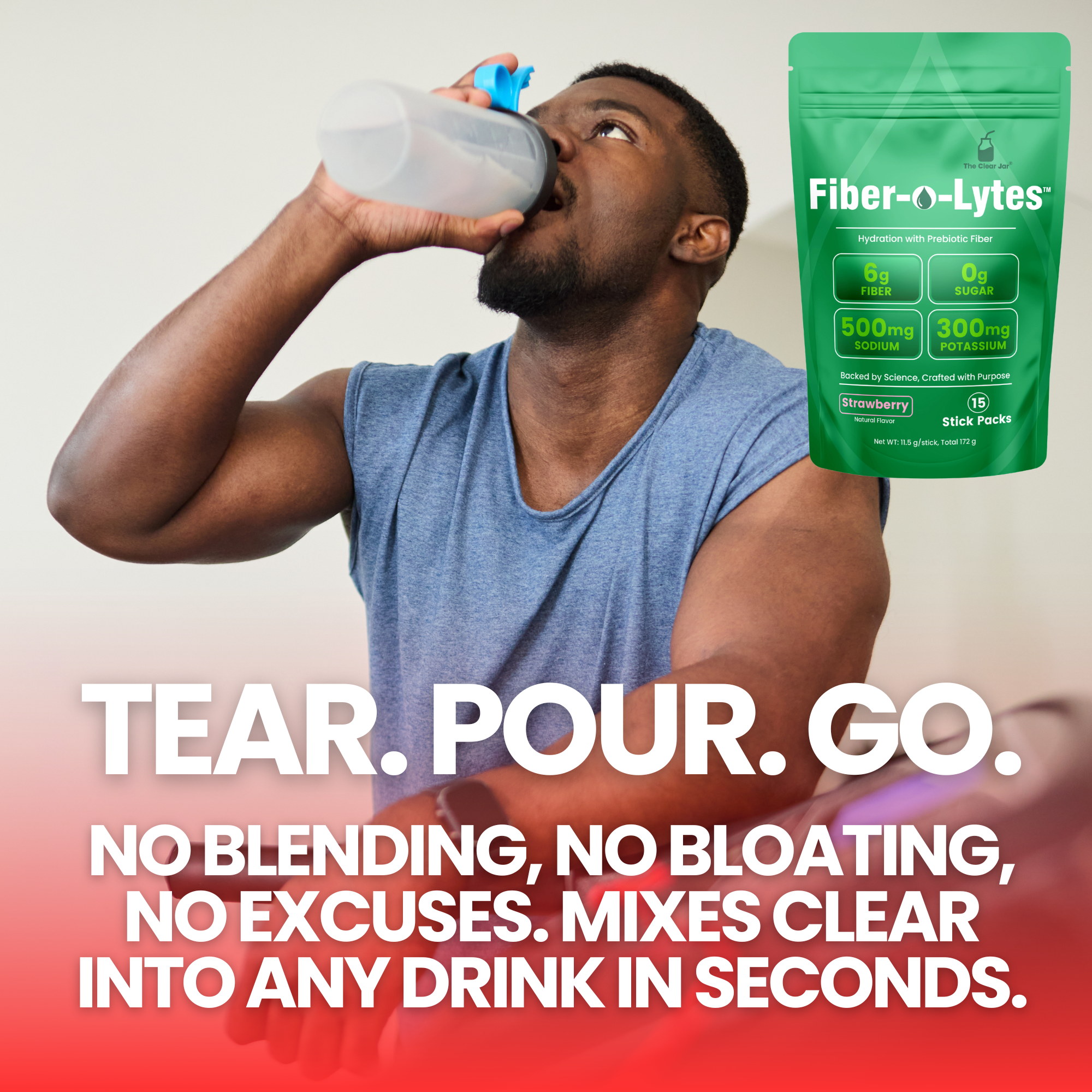 A man in a blue sleeveless shirt drinks from a clear plastic bottle while promoting Fiber-n-Lytes protein powder. A green stand-up pouch of Fiber-n-Lytes is shown on the upper right, with large white text reading &