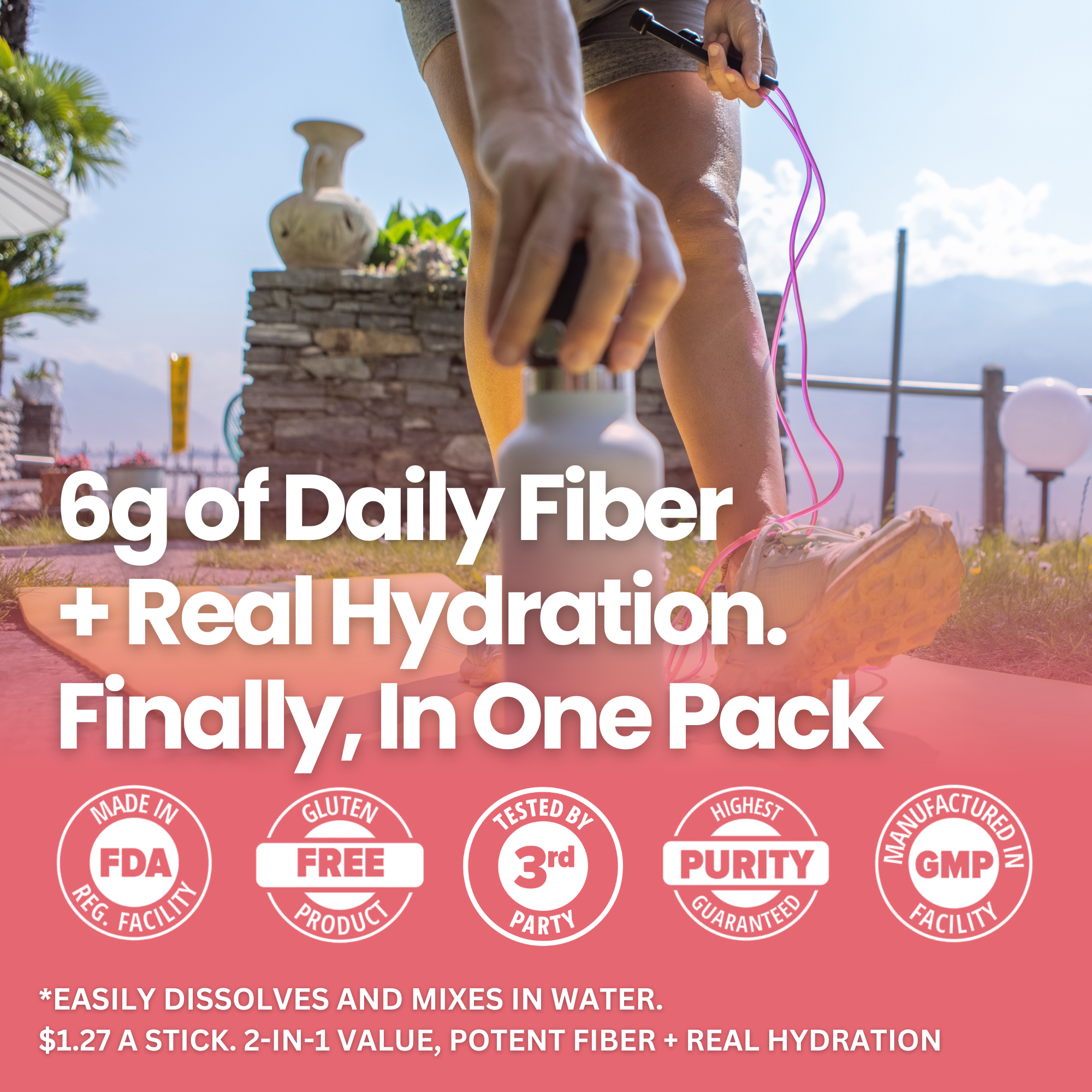 A lifestyle promotional graphic showing a person outdoors holding a fiber supplement stick over a water bottle, with large text reading &