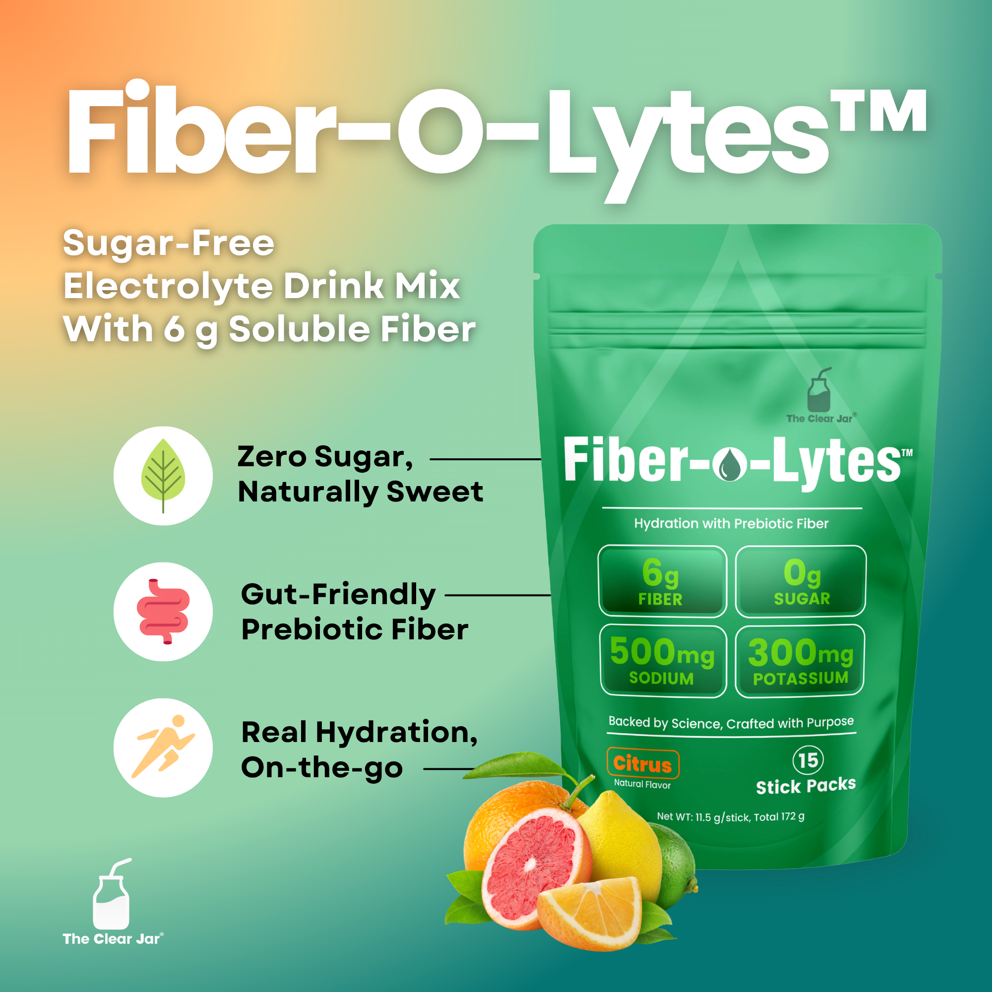Fiber-O-Lytes electrolyte drink mix stick pack in a green resealable pouch, shown on a teal-to-green gradient background with promotional text and fruit illustrations. The package highlights 6g fiber, 0g sugar, 500mg sodium, and 300mg potassium, with citrus imagery at the bottom.