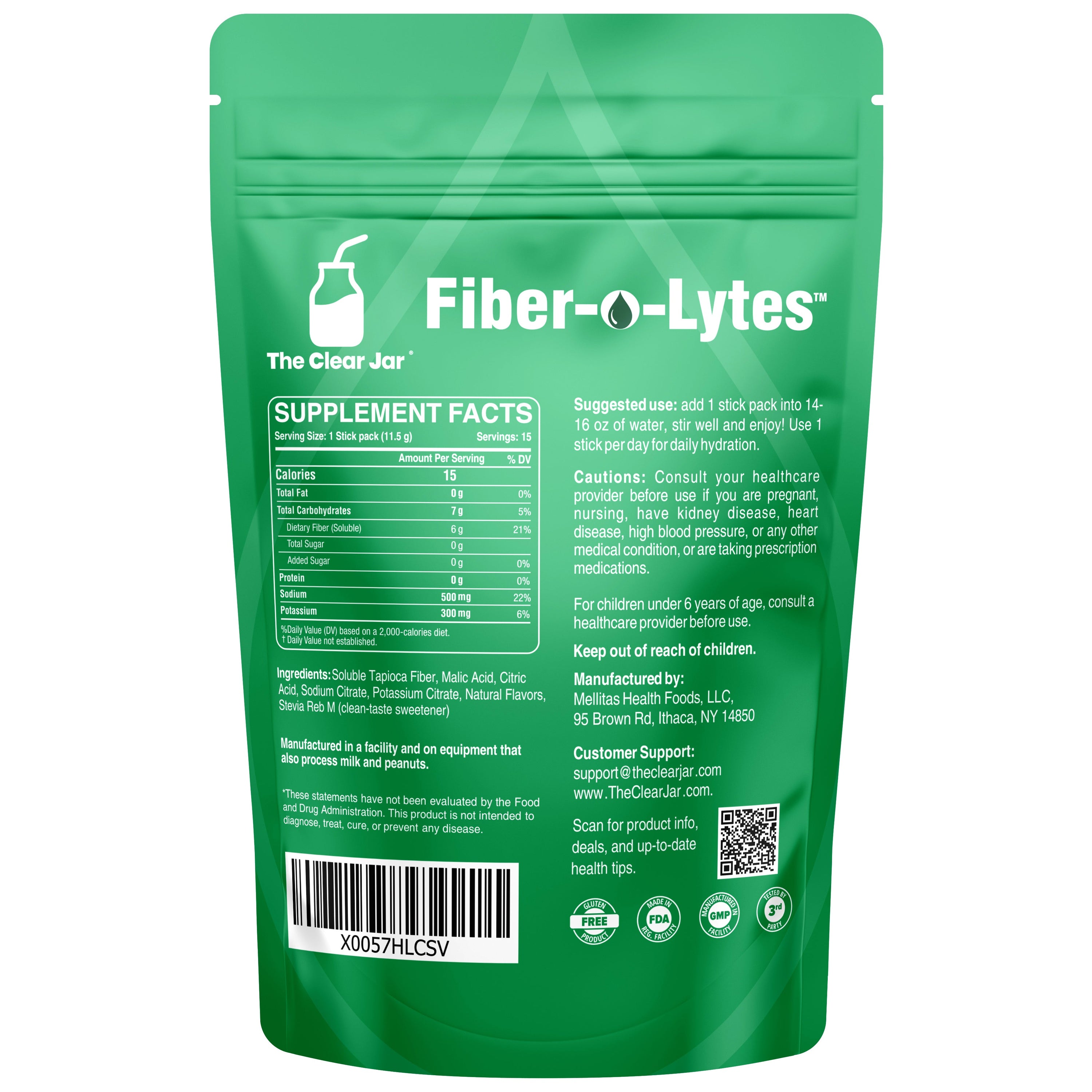 The back of a green stand-up pouch of Fiber-o-Lytes supplement by The Clear Jar, showing supplement facts, usage suggestions, warnings, ingredients, and a barcode on a white background. Citrus-_Back