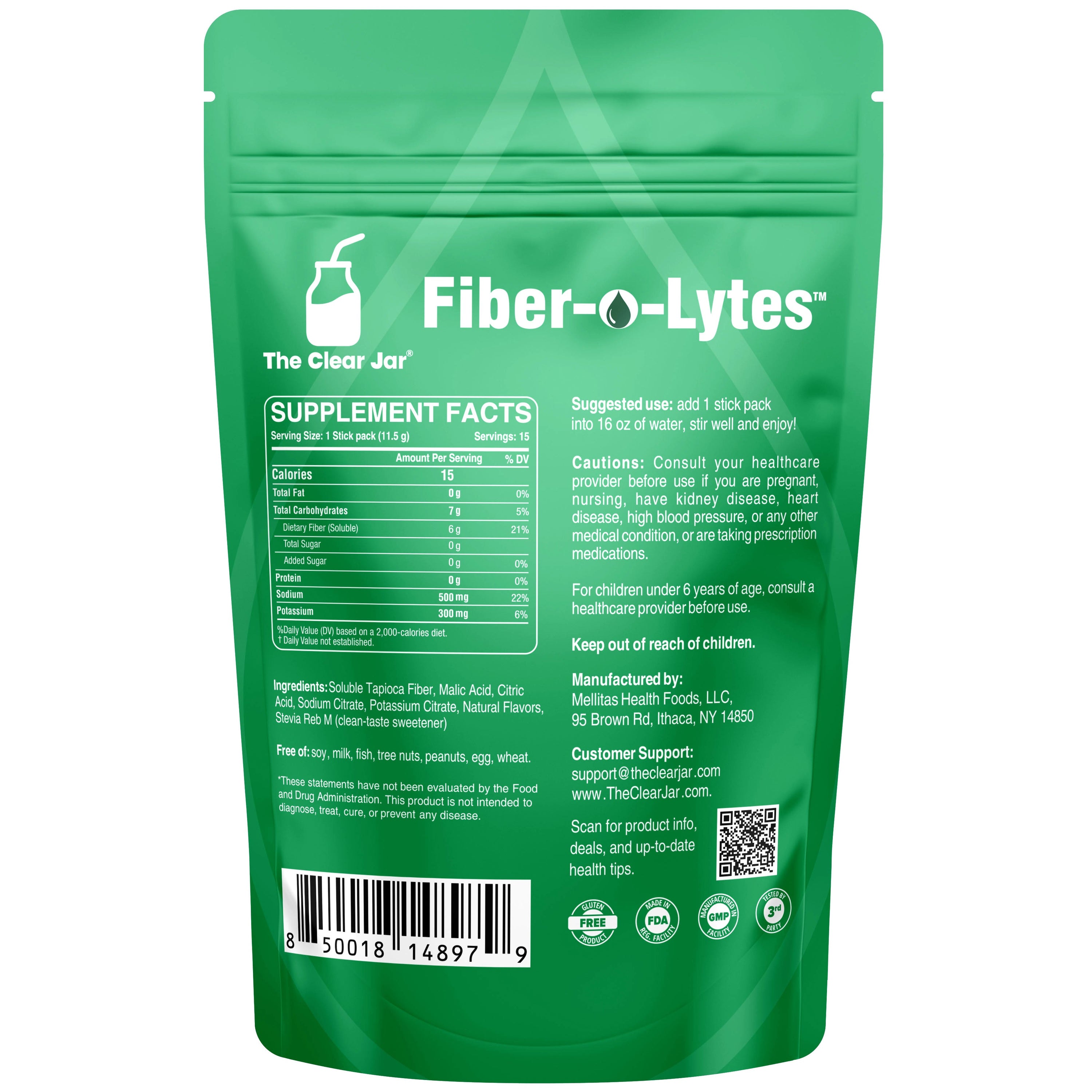 The back of a green Fiber-o-Lytes supplement pouch by The Clear Jar, showing supplement facts, ingredients, warnings, a barcode, and contact information on a white background.