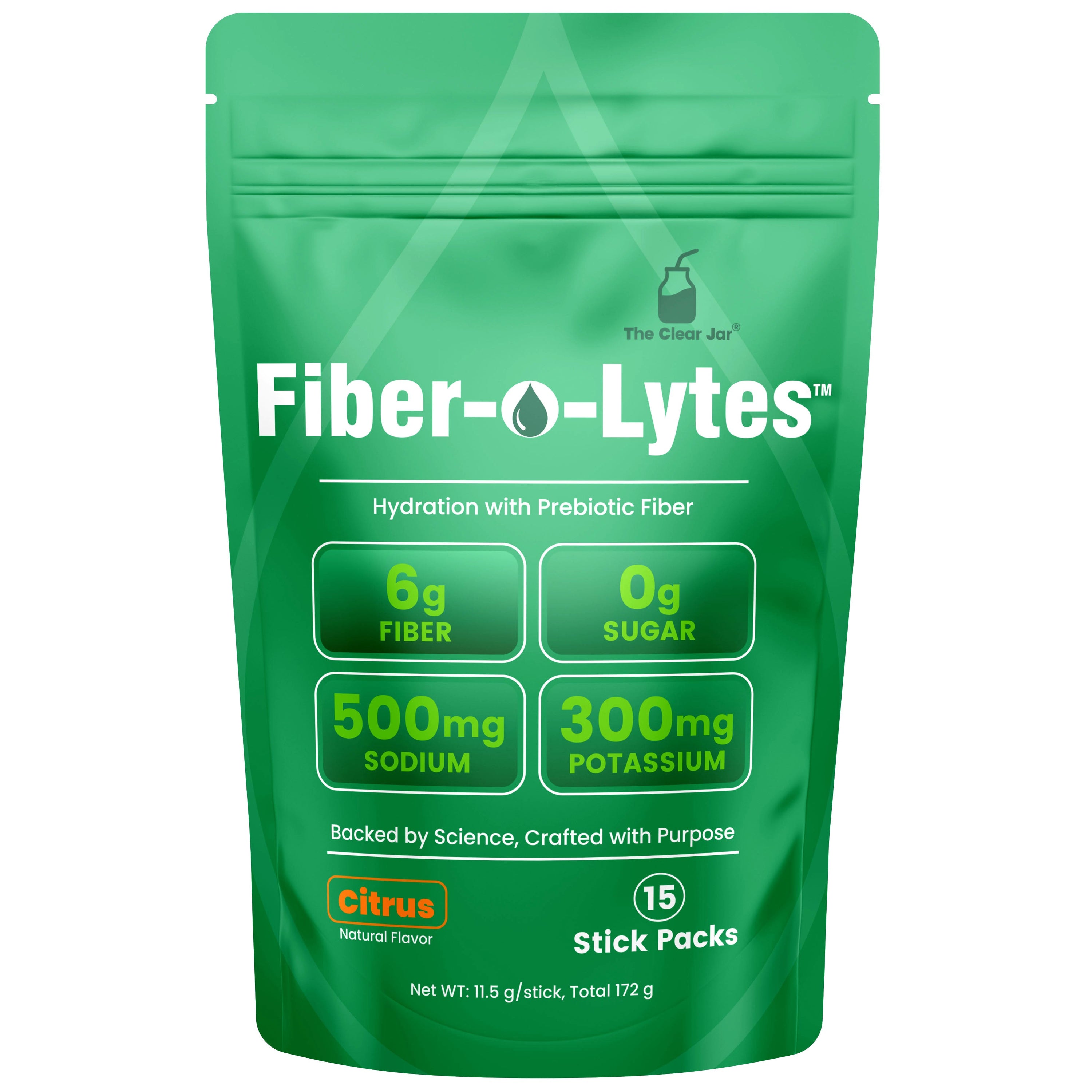 A green stand-up pouch of Fiber-Lytes Citrus natural flavor prebiotic fiber supplement, featuring product details like 6g fiber, 0g sugar, 500mg sodium, and 300mg potassium, with 15 stick packs.
