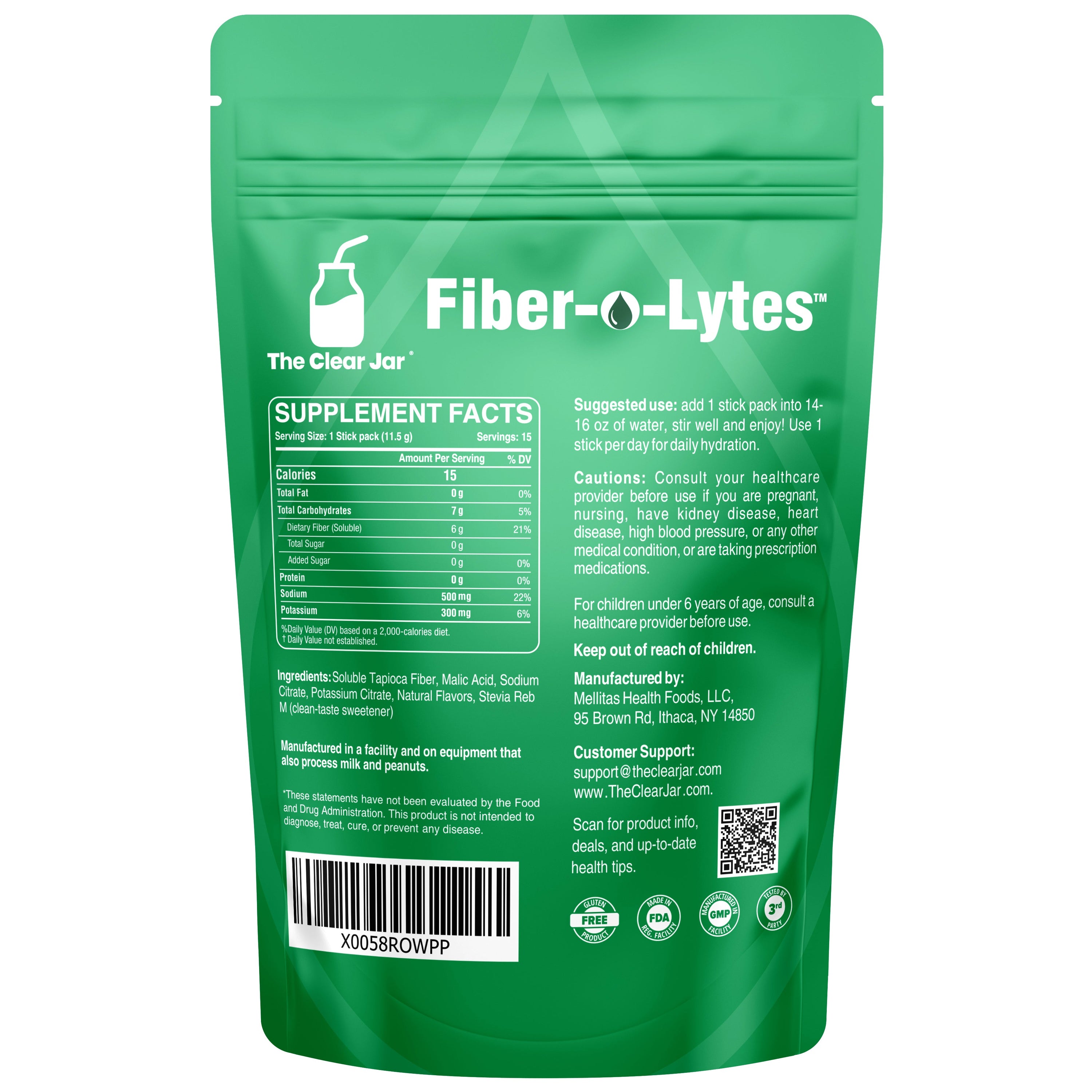 The back of a green Fiber-o-Lytes supplement pouch by The Clear Jar, showing the supplement facts panel, usage suggestion, warnings, barcode, and contact information on a white background. Watermelon