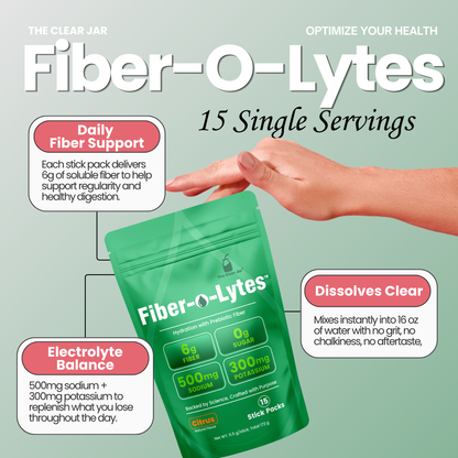 A green Fiber-O-Lytes stand-up pouch is shown between two hands on a pale green background with informational callouts and text about daily fiber support, electrolyte balance, and dissolving in water.