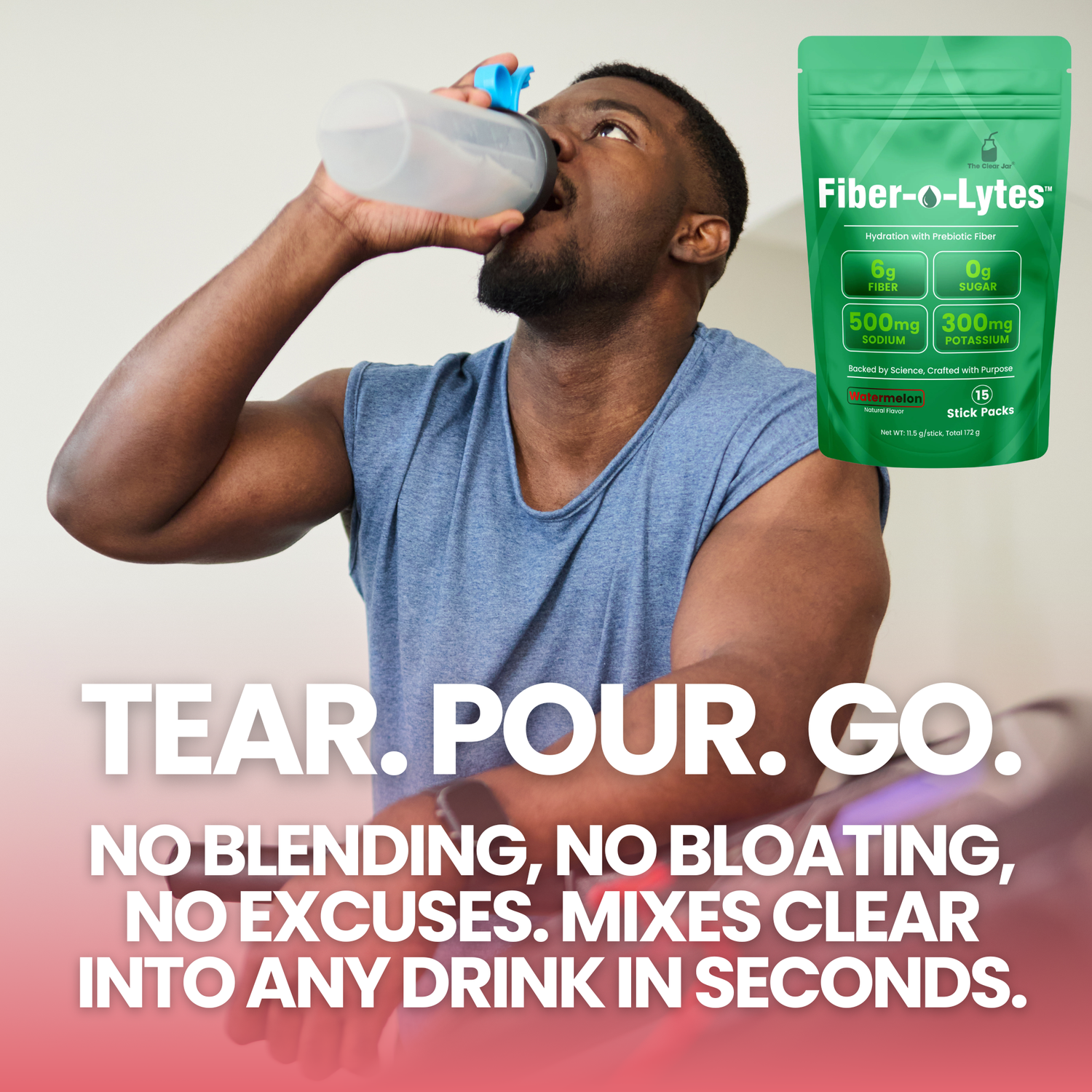 A man in a blue sleeveless shirt drinks from a clear plastic shaker bottle. A green Fiber-o-Lytes supplement pouch is shown in the upper right, with large white text reading &