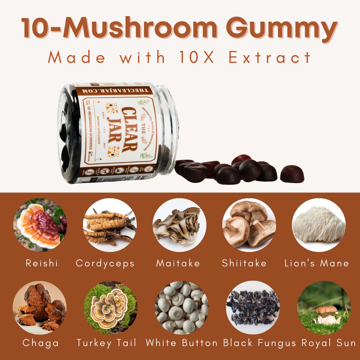 10 Mushroom Blend 10X Extract Gummies - 60 Count, 30 Servings
