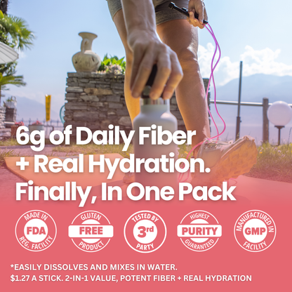 A lifestyle promotional graphic showing a person outdoors holding a fiber supplement stick over a water bottle, with large text reading &