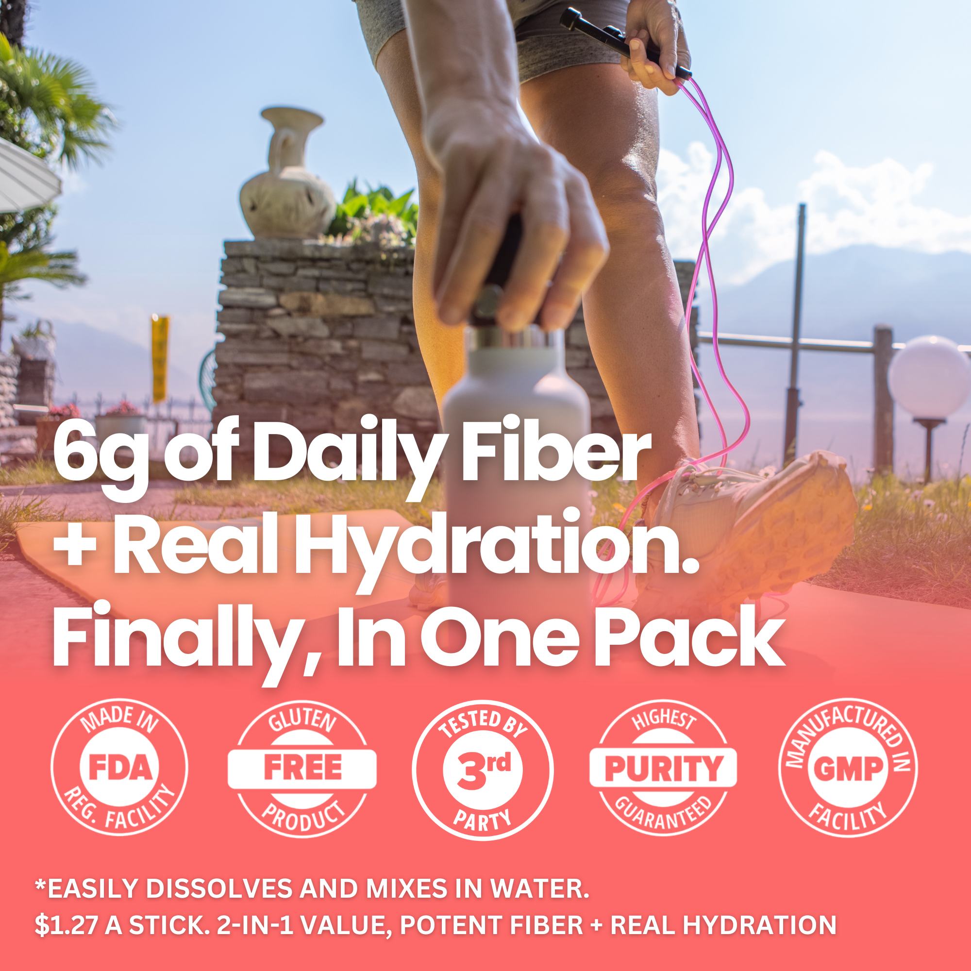 A lifestyle promotional graphic showing a person outdoors holding a white bottle, with large text reading &