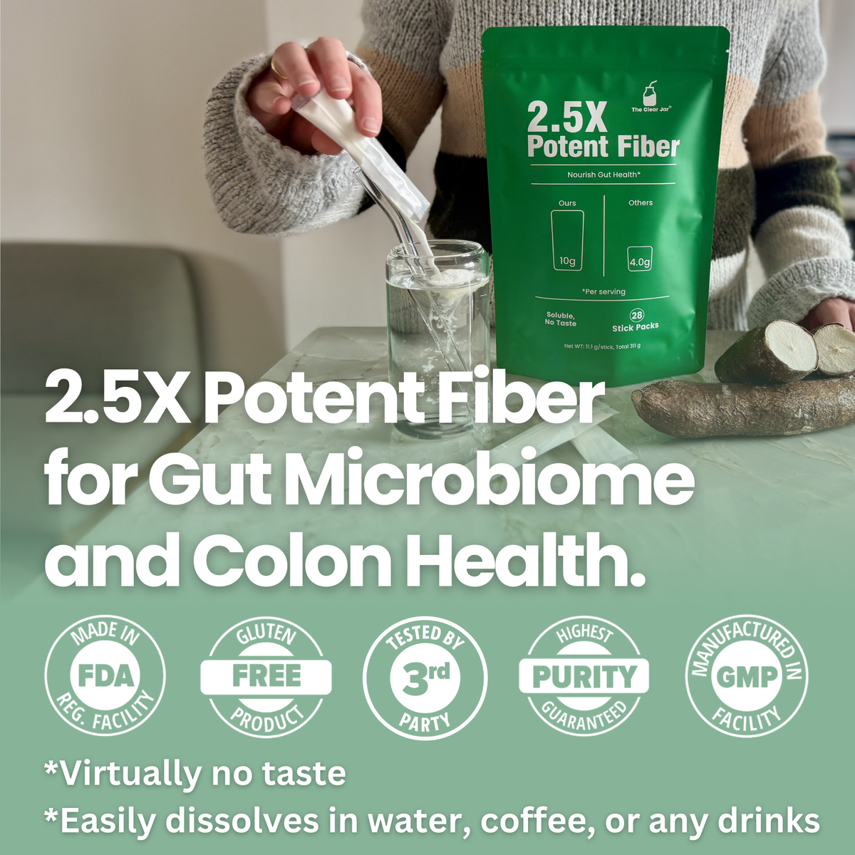 Person pouring fiber supplement into a glass with packaging labeled &