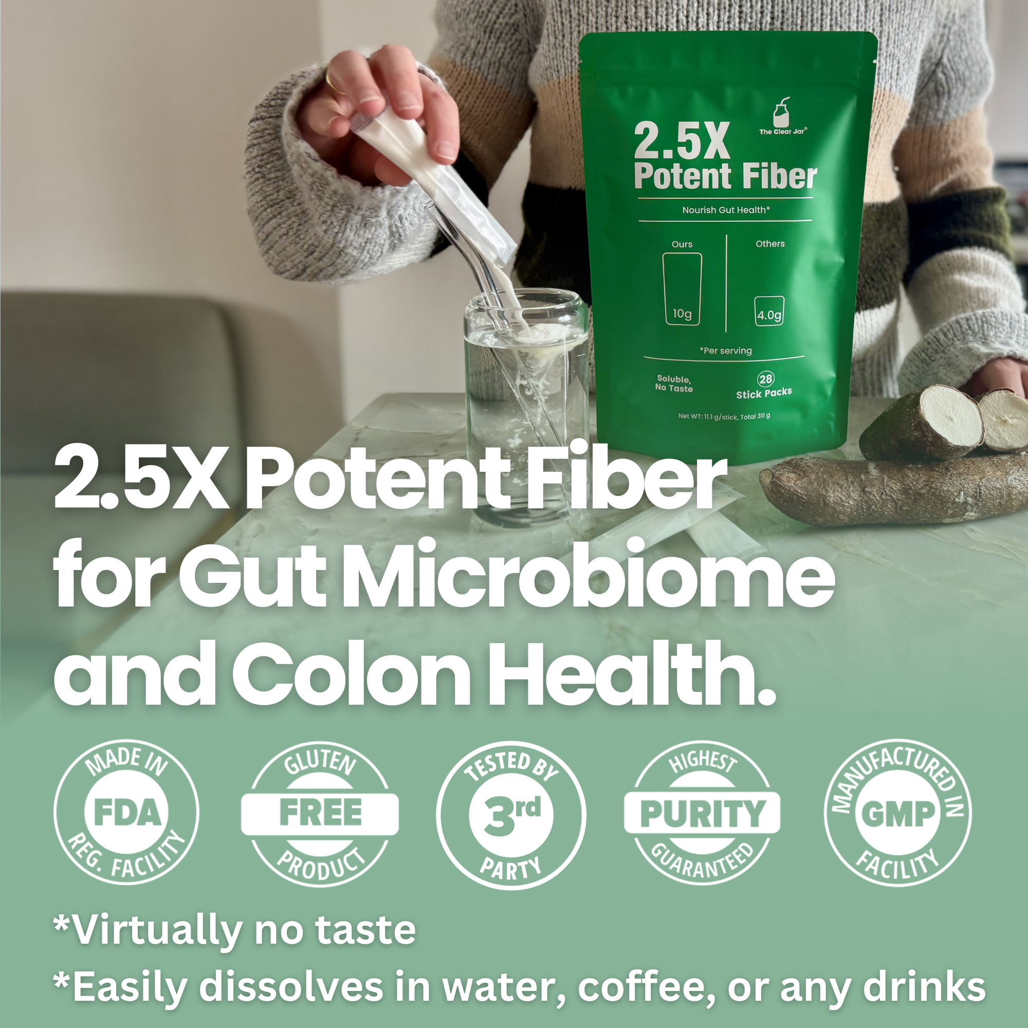 Person pouring fiber supplement into a glass with packaging labeled &