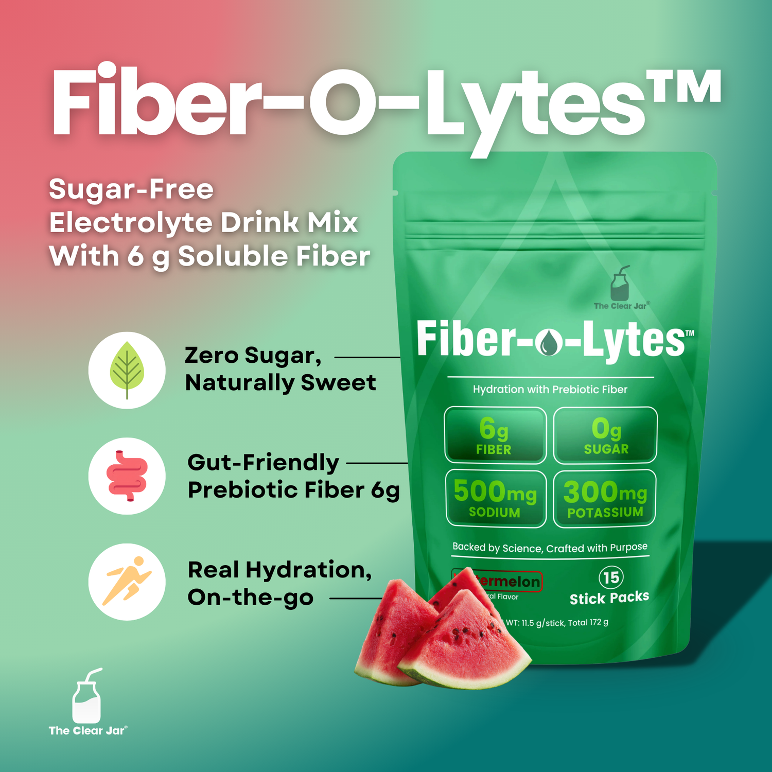 A green stand-up pouch of Fiber-O-Lytes electrolyte drink mix with watermelon slices in front, on a teal-to-pink gradient background. Large white text reads &