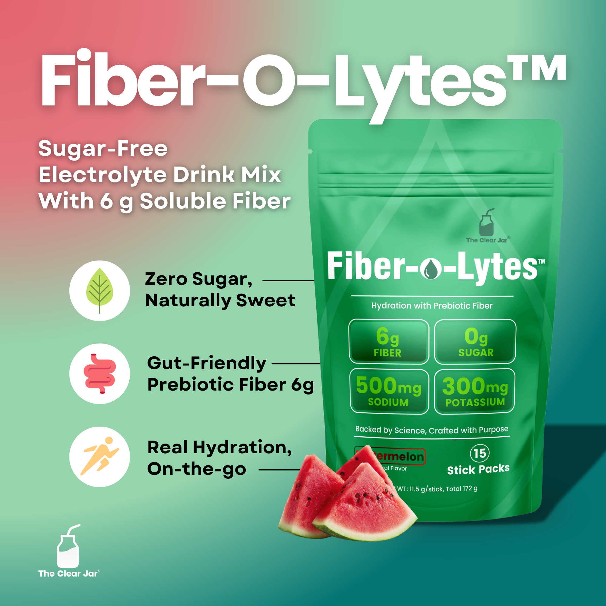 A green stand-up pouch of Fiber-O-Lytes electrolyte drink mix with watermelon slices in front, on a teal-to-pink gradient background. Large white text reads &