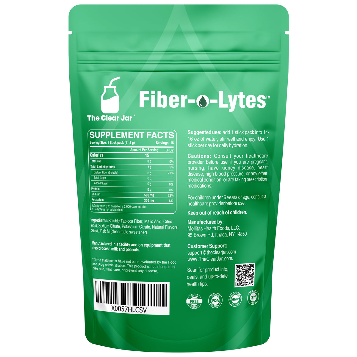 The back of a green stand-up pouch of Fiber-o-Lytes supplement by The Clear Jar, showing supplement facts, usage suggestions, warnings, ingredients, and a barcode on a white background. Citrus-_Back 