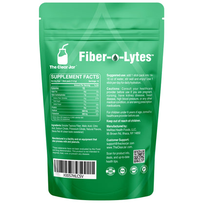 The back of a green stand-up pouch of Fiber-o-Lytes supplement by The Clear Jar, showing supplement facts, usage suggestions, warnings, ingredients, and a barcode on a white background. Citrus-_Back 