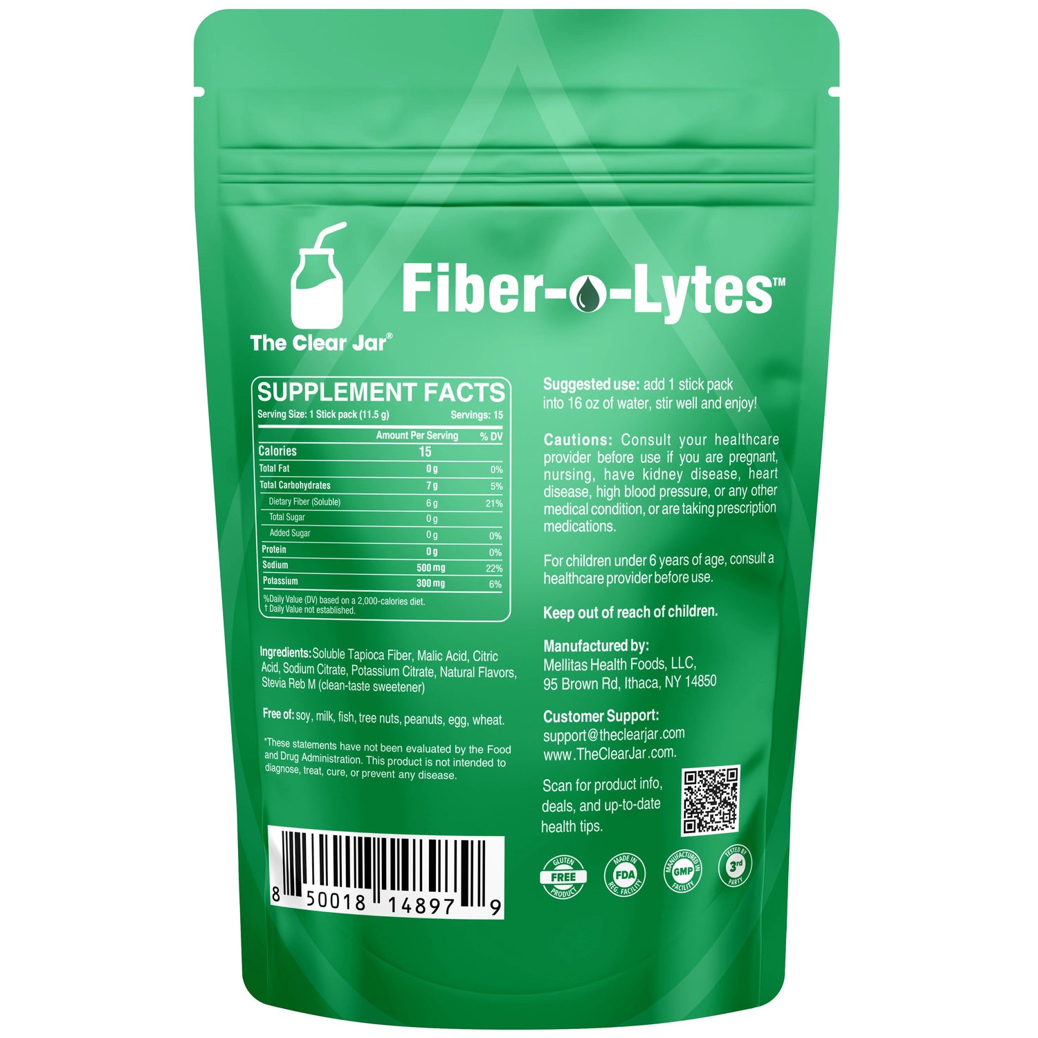 The back of a green Fiber-o-Lytes supplement pouch by The Clear Jar, showing supplement facts, ingredients, warnings, a barcode, and contact information on a white background.