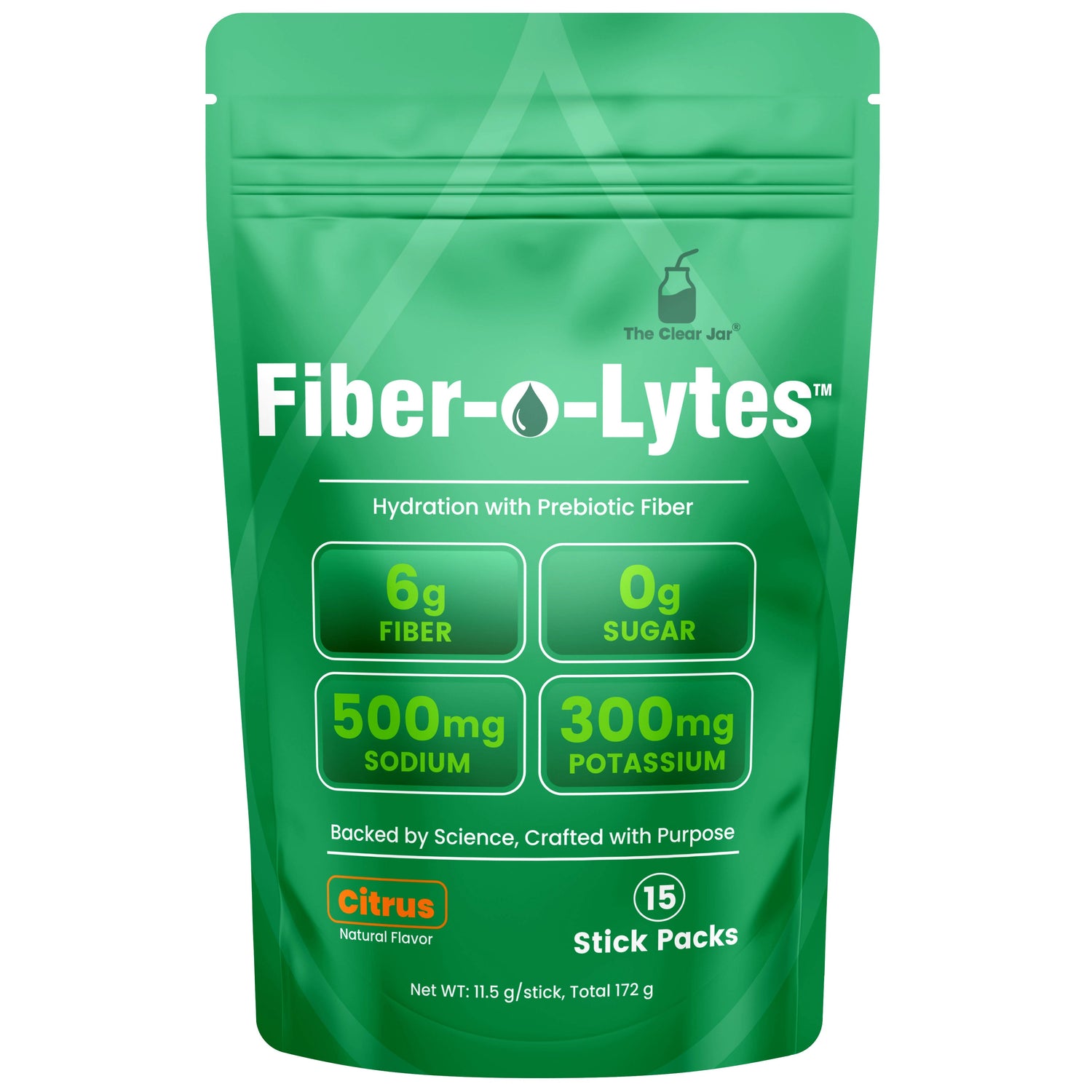 A green stand-up pouch of Fiber-Lytes Citrus natural flavor prebiotic fiber supplement, featuring product details like 6g fiber, 0g sugar, 500mg sodium, and 300mg potassium, with 15 stick packs.