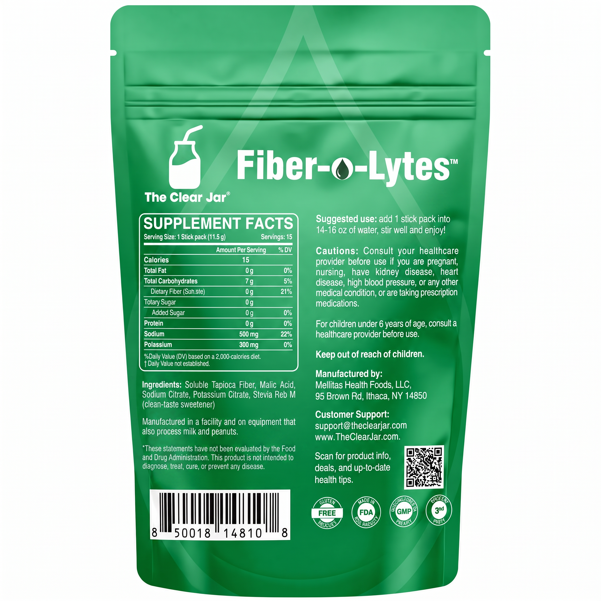Back view of a green Fiber-Lytes supplement pouch by The Clear Jar, showing supplement facts, ingredients, usage suggestions, cautions, and contact information on a white background.