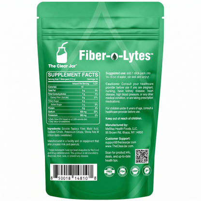 Back view of a green Fiber-Lytes supplement pouch by The Clear Jar, showing supplement facts, ingredients, usage suggestions, cautions, and contact information on a white background.