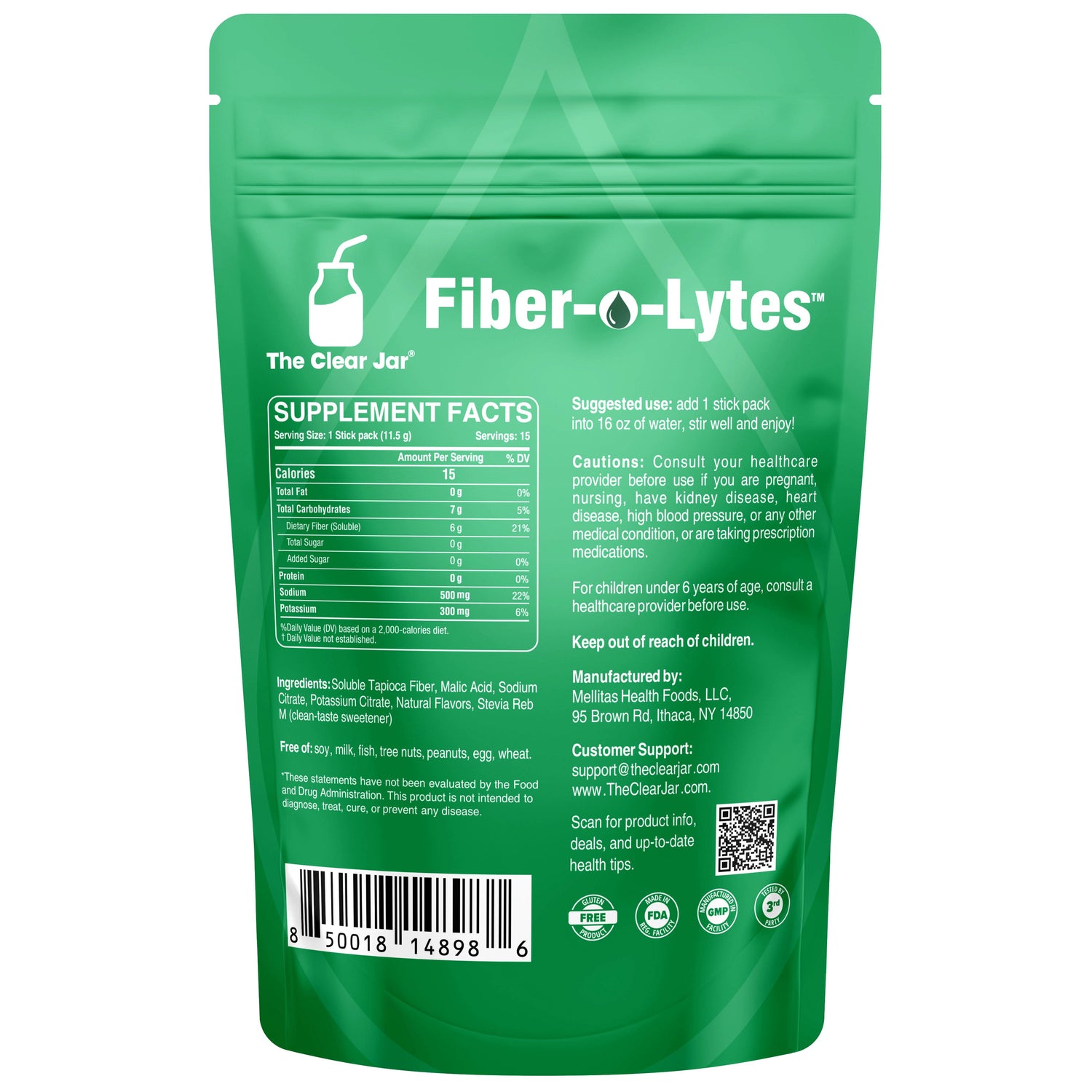 The back of a green Fiber-Lytes supplement pouch by The Clear Jar, showing supplement facts, usage suggestions, ingredients, and a barcode on a white background.