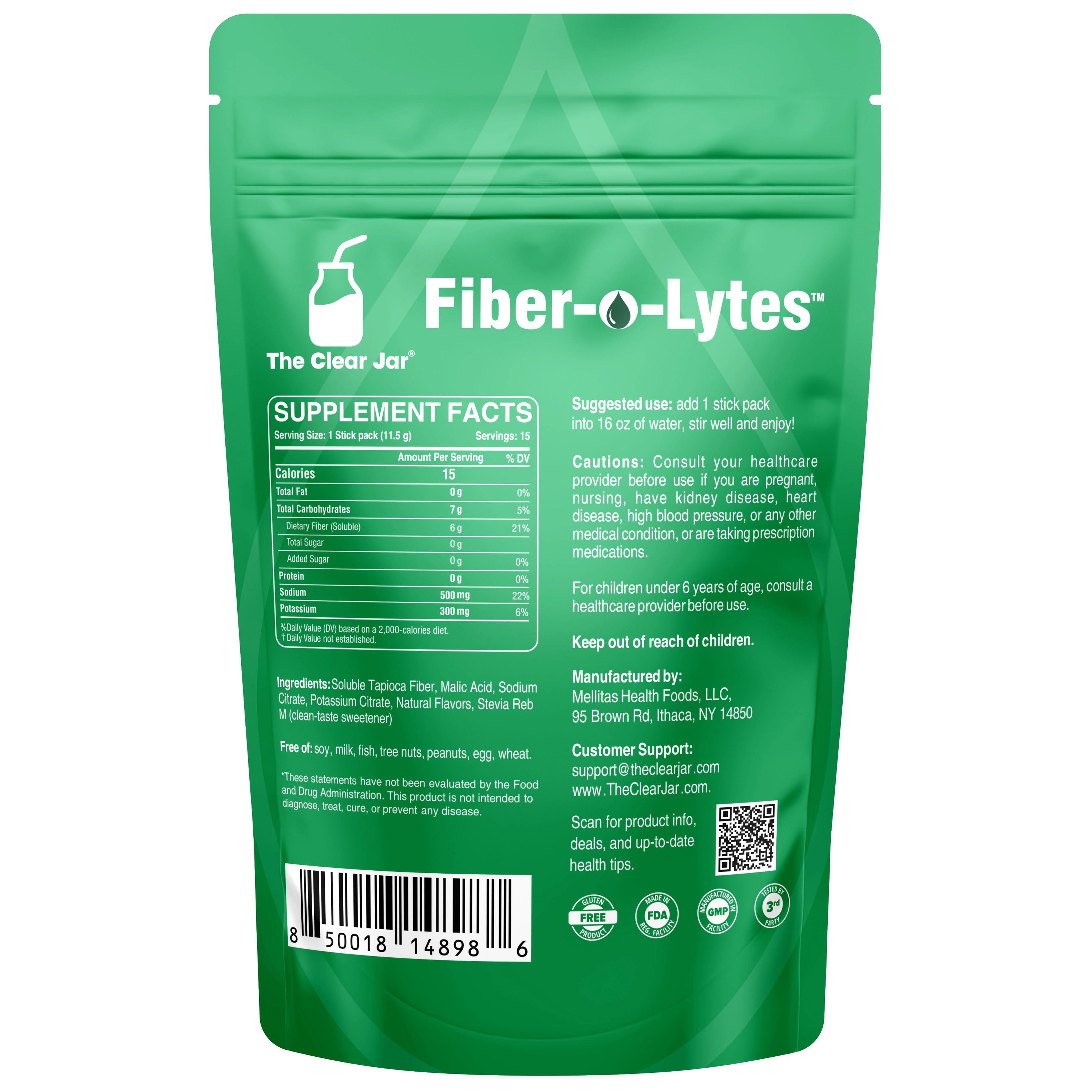 The back of a green Fiber-Lytes supplement pouch by The Clear Jar, showing supplement facts, usage suggestions, ingredients, and a barcode on a white background.