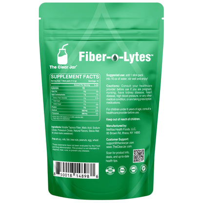 The back of a green Fiber-Lytes supplement pouch by The Clear Jar, showing supplement facts, usage suggestions, ingredients, and a barcode on a white background.