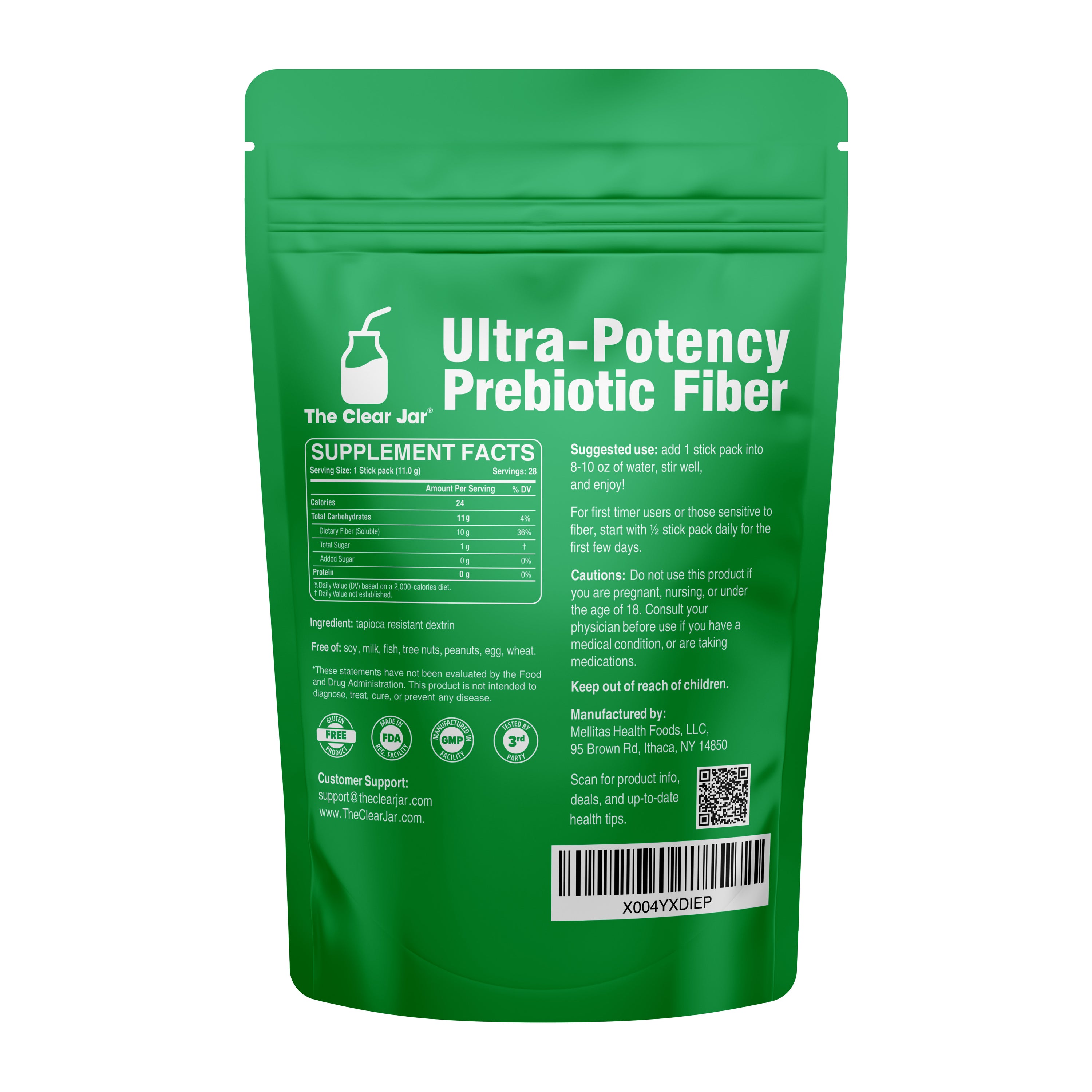 Green package of Ultra-Potency Prebiotic Fiber with supplement facts on a white background