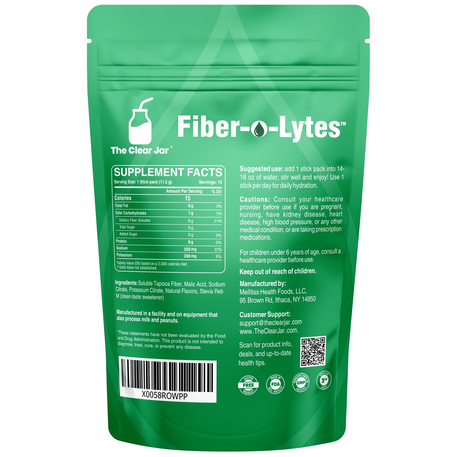 The back of a green Fiber-o-Lytes supplement pouch by The Clear Jar, showing the supplement facts panel, usage suggestion, warnings, barcode, and contact information on a white background. Strawberry flavor