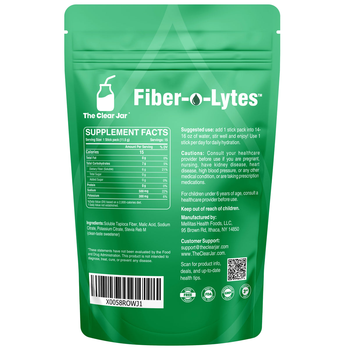 The back of a green stand-up pouch of Fiber-o-Lytes by The Clear Jar, showing the supplement facts panel, barcode, and usage information on a plain white background.
