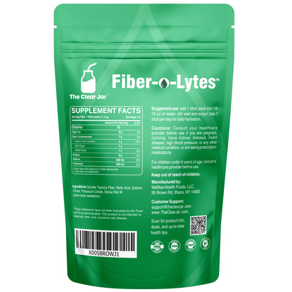 The back of a green stand-up pouch of Fiber-o-Lytes by The Clear Jar, showing the supplement facts panel, barcode, and usage information on a plain white background.