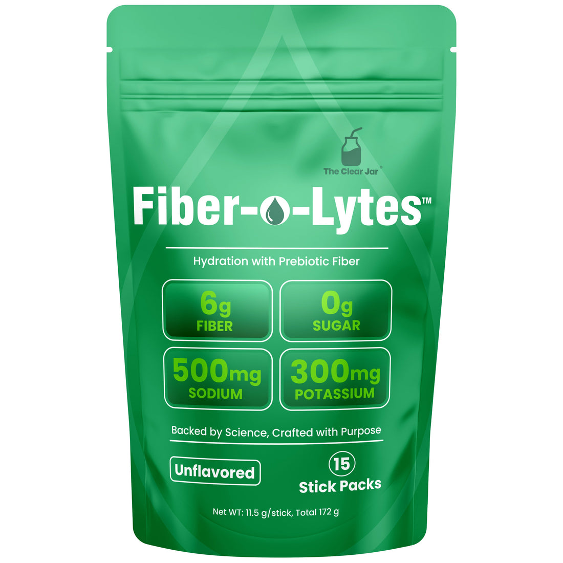 A green stand-up pouch of Fiber-O-Lytes unflavored prebiotic fiber stick packs, featuring product details like 6g fiber, 0g sugar, 500mg sodium, and 300mg potassium on a white background.