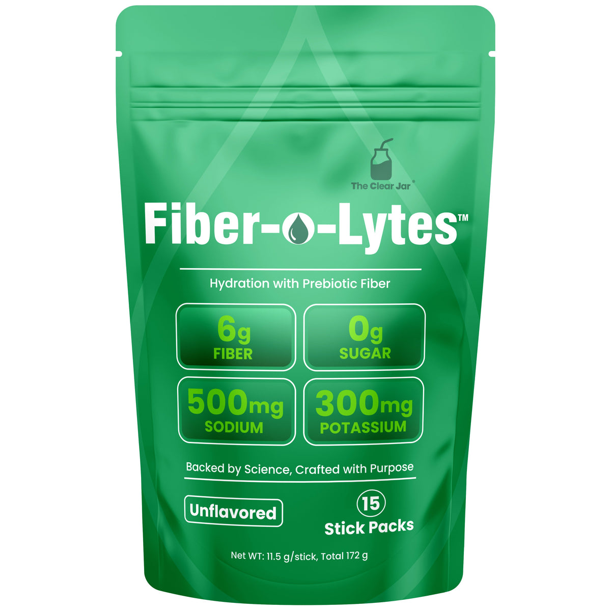 A green stand-up pouch of Fiber-O-Lytes unflavored prebiotic fiber stick packs, featuring product details like 6g fiber, 0g sugar, 500mg sodium, and 300mg potassium on a white background.