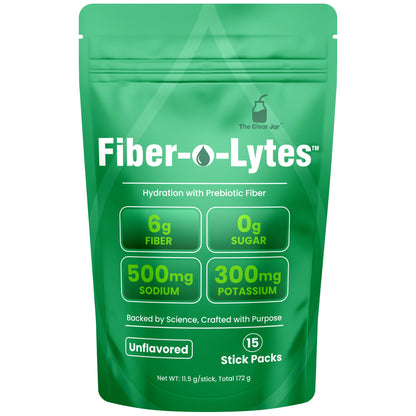 A green stand-up pouch of Fiber-O-Lytes unflavored prebiotic fiber stick packs, featuring product details like 6g fiber, 0g sugar, 500mg sodium, and 300mg potassium on a white background.