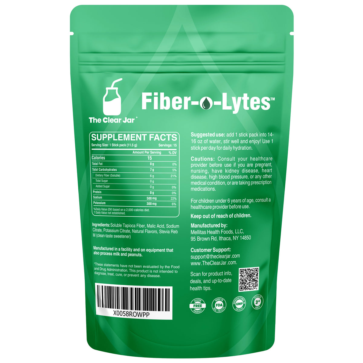 The back of a green Fiber-o-Lytes supplement pouch by The Clear Jar, showing the supplement facts panel, usage suggestion, warnings, barcode, and contact information on a white background. Watermelon 