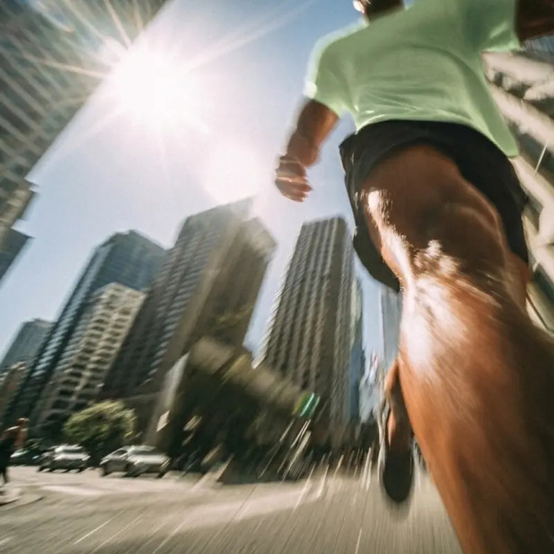Low-angle view of a runner in a light green shirt and black shorts running past city skyscrapers in bright sunlight