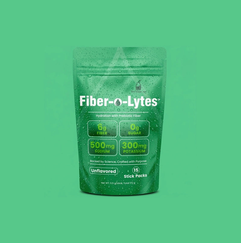 Fiber-O-Lytes unflavored electrolyte drink mix with prebiotic fiber, 15-stick-pack pouch on a green background