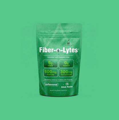 Fiber-O-Lytes unflavored electrolyte drink mix with prebiotic fiber, 15-stick-pack pouch on a green background