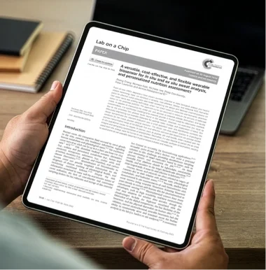 Person holding a tablet displaying a scientific research paper from the journal Lab on a Chip